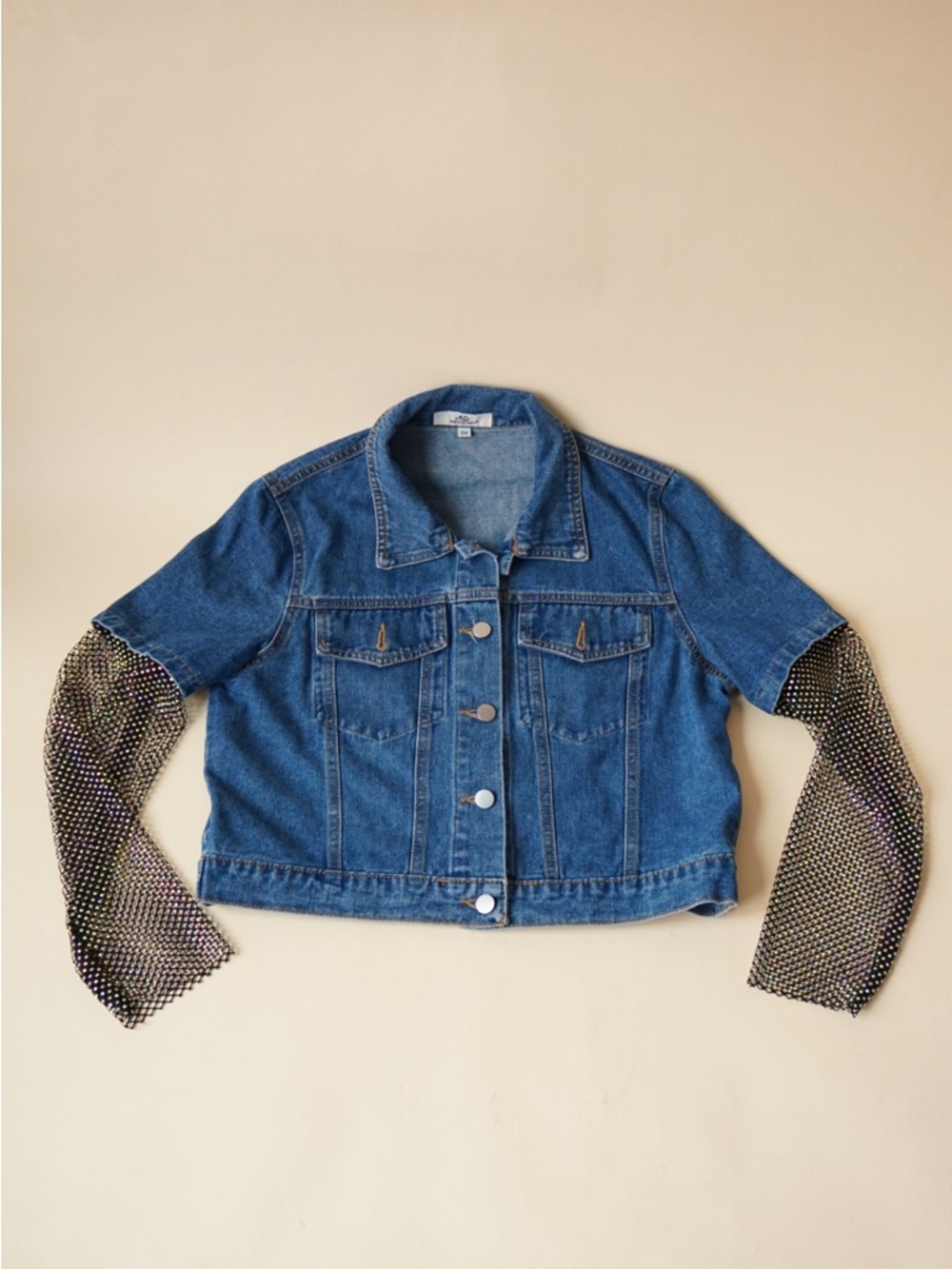 Mochy Denim Rhinestone Sleeve Cropped Jacket - Size S/M